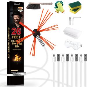 26 Feet Chimney Sweep Kit, Chrome Button Locking System, Chimney Cleaning Kit, Chimney Brush, Chimney Cleaning Tool, Chimney Cleaning System with 8 Flexible Chimney Rods