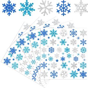 Whaline 330Pcs Winter Glitter Stickers 3 Colors Snowflake Decals Christmas Self Adhesive Stickers for DIY Crafts Home Party Greeting Cards Making Scrapbooking Decor, 10 Sheets (Blue Sliver)