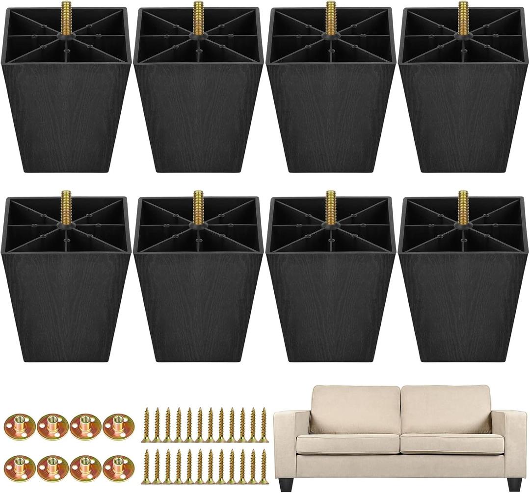 TURSTIN 8 Pack 4 Inch Furniture Legs Plastic Sofa Couch Legs Square Tapered Feet Sofa Legs with M8 T-Nuts Screws for Legs Sofas Chairs Cabinets Dressers Beds, Black