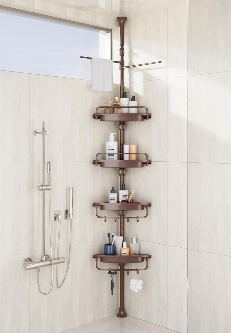 32-122inch Corner Shower Caddy Tension Pole Brown, Rustproof Drill-Free Shower Shelves for Bathroom Bathtub Washbasin, Adjustable Shower Organizer with 4 Tier Patent Stable Shelves & Towel Bars