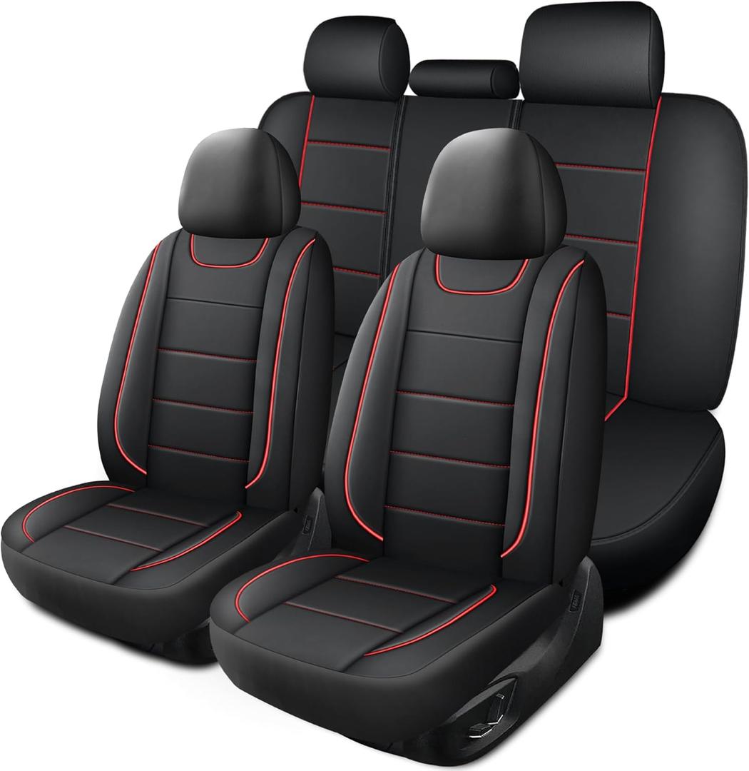 HChengkikz Car Seat Covers, Quilting Leather Seat Covers Full Set, Waterproof Faux Leather Automotive Seat Covers for Cars, Universal Car Seat Protectors Fit for Suvs, Trucks, Airbag Compatible (Complete Set (Front + Rear), N4 Black+Red)