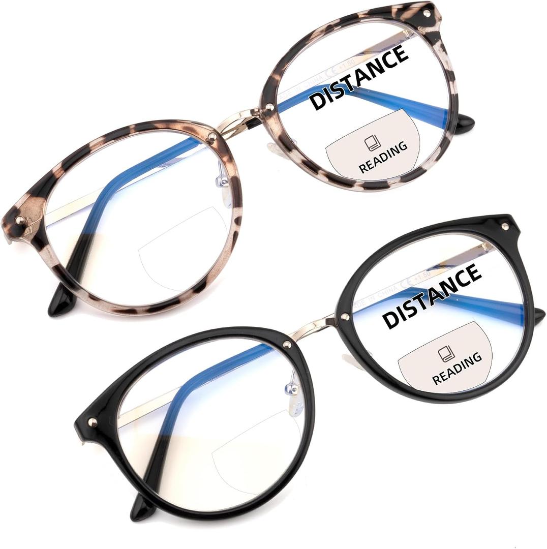 Round Bifocal Progressive Multifocal Reading Glasses for Women Men Fashion Multifocus Readers Anti Blue Light, 2 Pack Bifocal Lenses: Black + Tortoiseshell, 1.75 x