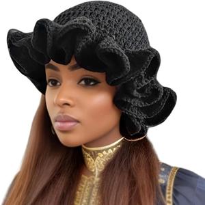 Women Crochet Bucket Hat Cute Winter Ruffled Brim Floppy Cap Handmade Knit Cloche Hats (One Size, Black)