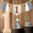 1st Birthday Decorations for Boys, First Birthday High Chair Banner Set with Khaki Blue Tassels, 40 Inch Number 1 Foil Balloon, Cone Hat & Cake Candle, Boho Cake Smash Photo Backdrop