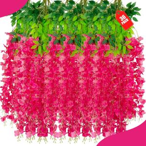 36 Pack Fuchsia Wisteria Hanging Flowers, 3.44 Ft Fake Hanging Flowers, Artificial Wisteria Garland Vines for Wedding Room Backdrop Outdoor Patio Garden Decoration