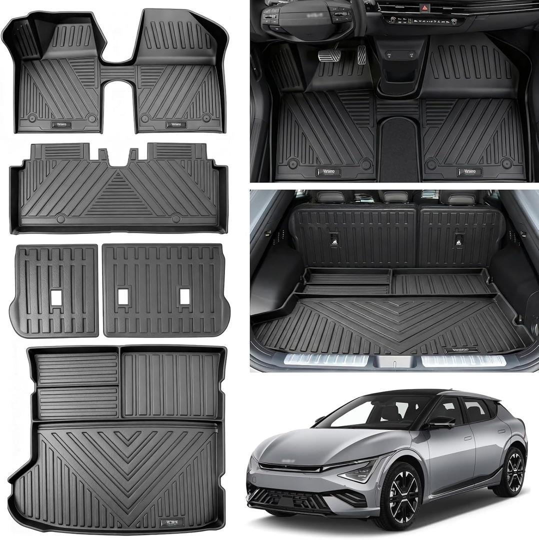 Vanseno Floor Mats & Cargo Liner for KIA EV6 2024 2023 2022 Backrest Mat Floor Liner Trunk Mat All Weather TPE Rubber Protection Mat for 2022-2024 KIA EV6 Accessories (Not for Manual 1st Row)