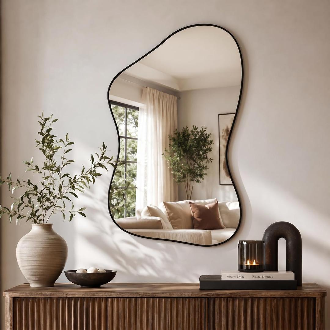 40"x26" Irregular Wall Mirror with Black Frame, Asymmetrical Abstract Decorative Mirror for Bedroom Living Room Entryway Modern Organic Shaped Wall Mirror