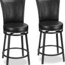 Bar Stools Set of 2, Counter Height Swivel Bar Chair with High Backrest, 24 inch Round Seat Barstools for Kitchen Island, Pub, Metal Base, Upholstered PU Leather Dining Chairs Black
