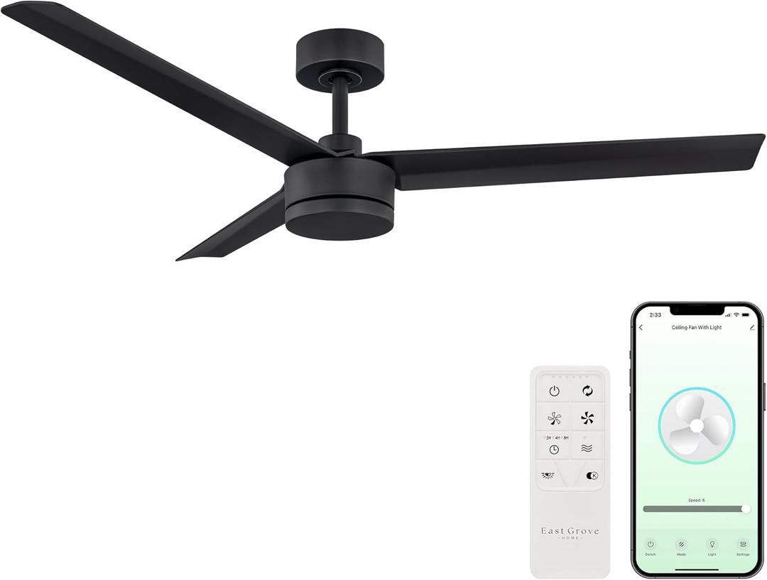 Breeze Collection Smart Indoor and Outdoor 52in 3-Blade Ceiling Fan in Matte Black with Remote Control Works With iOS or Android App