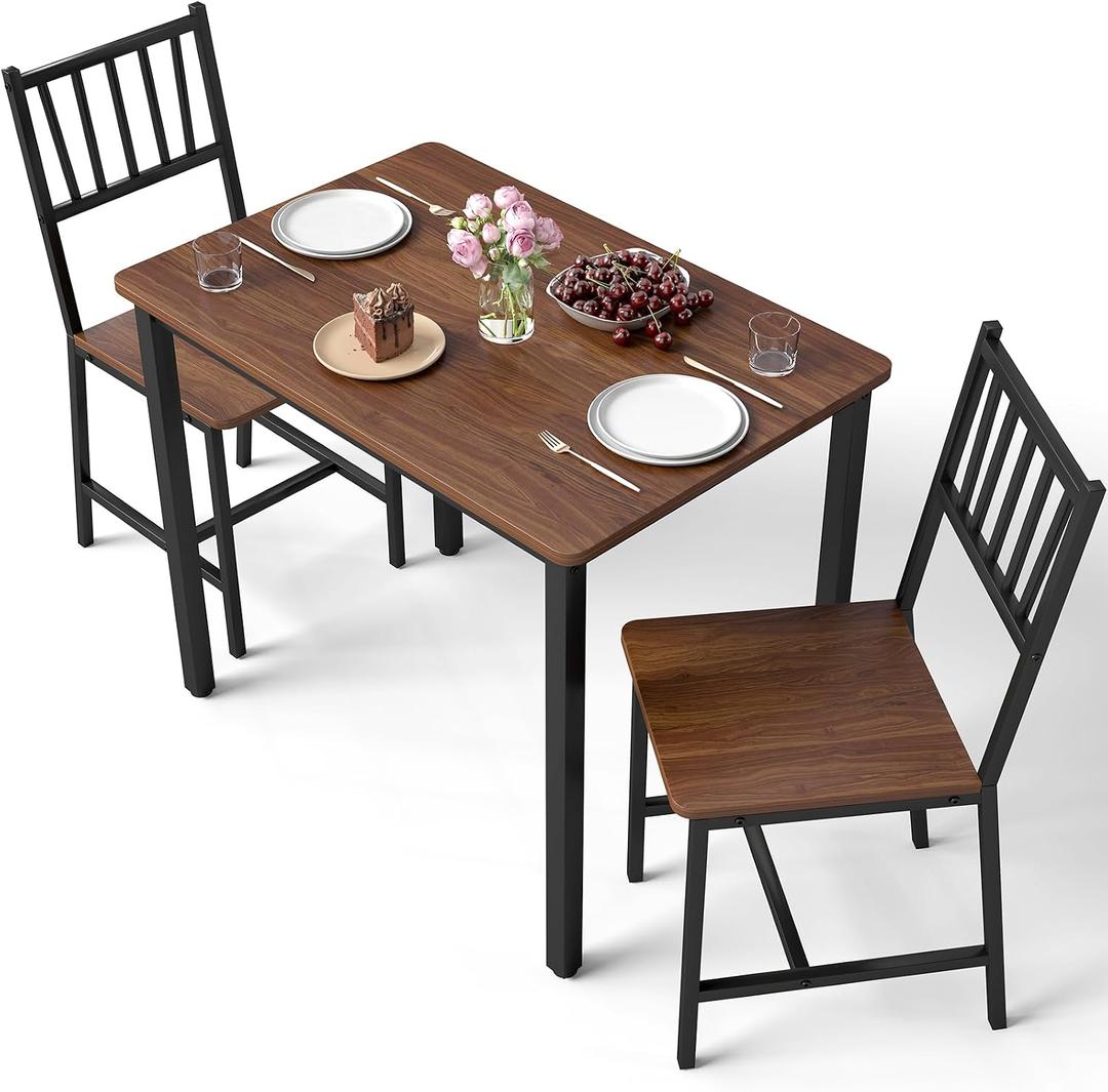 Yafylly Small Space 3 Piece Dining Table Set for 2, Compact Kitchen Table Set with 2 Chairs & Adjustable Feet, Modern Breakfast Nook Furniture for Apartment, Dorm, or Home, Walnut