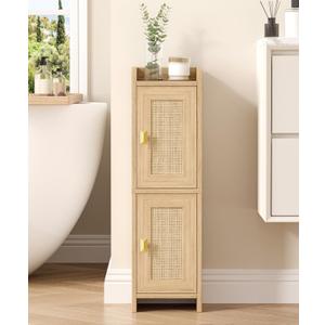 Akxomel Rattan Small Bathroom Cabinet with 2 Doors, 7.9''D x 7.9''W Narrow Toilet Paper Storage Cabinet, Bathroom Organizer for Small Spaces, Wooden Slim Corner Unit with Adjustable Shelf, Natural Oak