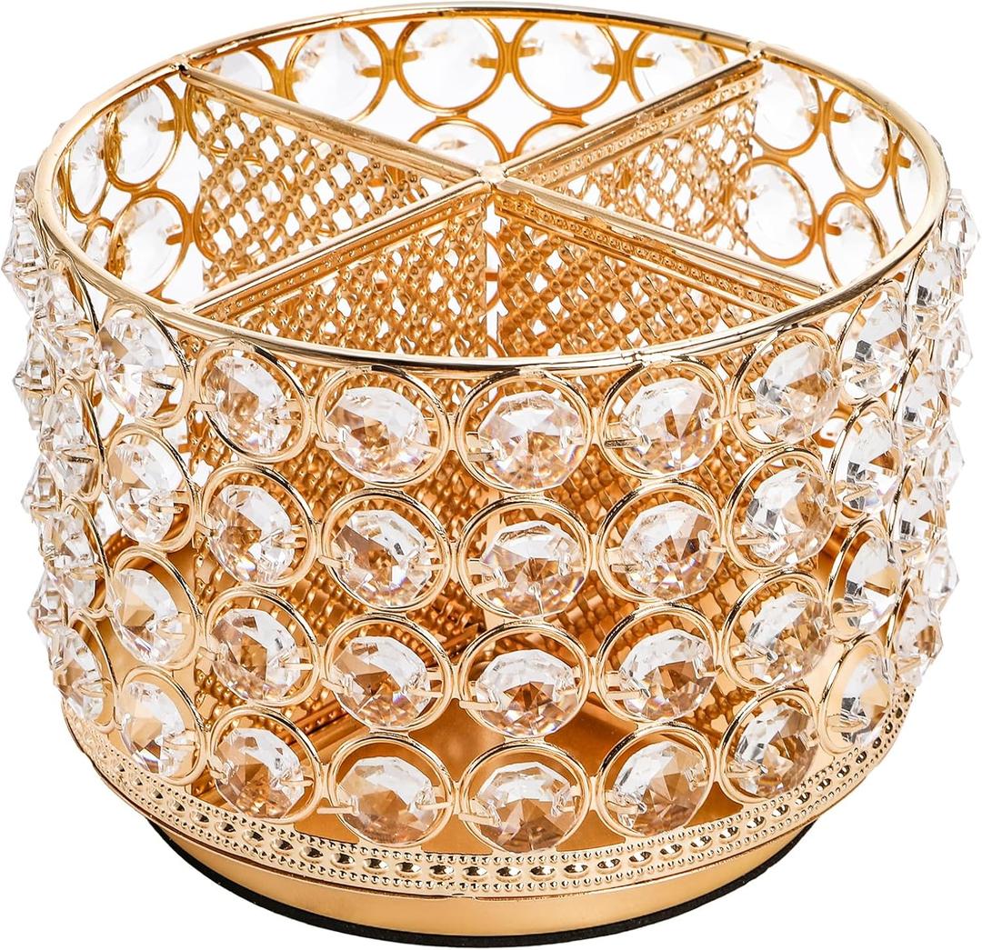 Hedume Crystal Vanity Organizer with 4 Compartments, 360 Degree Rotating Makeup Brush Holder, 4-Slot Glitter Gold Spinning Cosmetic Brushes Display Multi-Functional Desk Organizer Home Decor