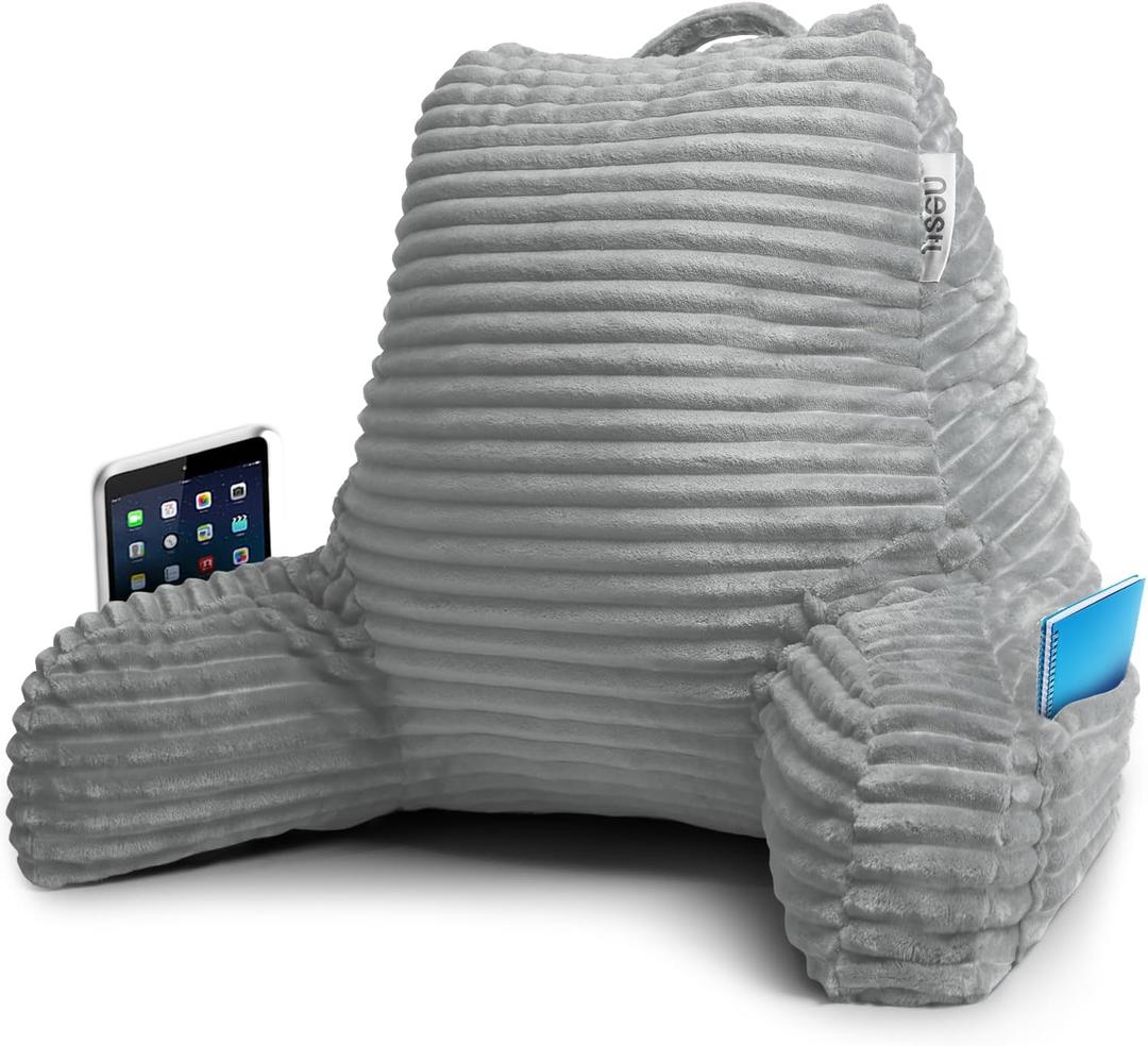Nestl Reading Pillow with Shredded Memory Foam, Luxe Cut Plush Back Pillow for Sitting Up in Bed, Back and Arms Adjustable Support for Adult & Teens, Backrest Pillows with Washable Cover Light Grey Standard 18"