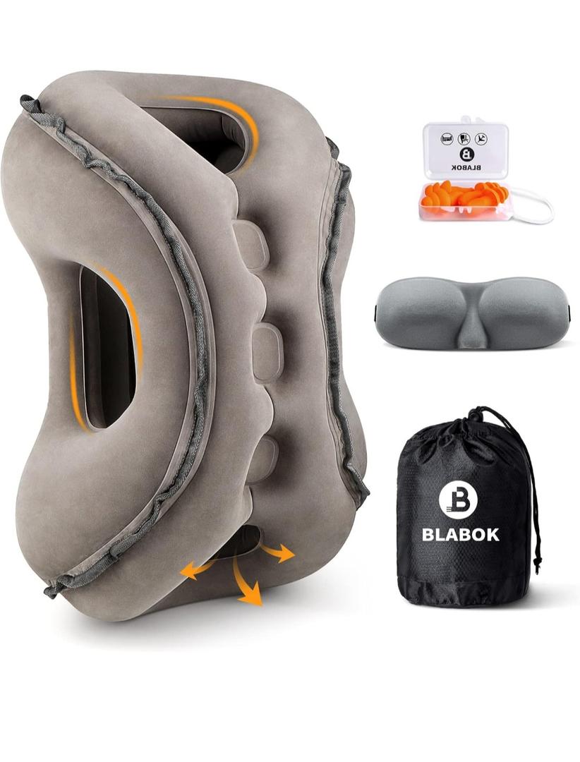 Inflatable Travel Pillow,Multifunction Travel Neck Pillow for Airplane to Avoid Neck and Shoulder Pain,Support Head,Neck,Used for Sleeping Rest, Airplane and Home Use,with Eye Mask, Earplugs,Gray
