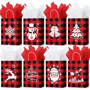 24 Pcs Buffalo Plaid Bags with Tissue Paper, Merry Christmas Santa Claus Kraft Paper Goodie Bags with Handles - Bulk for Christmas Party Supplies