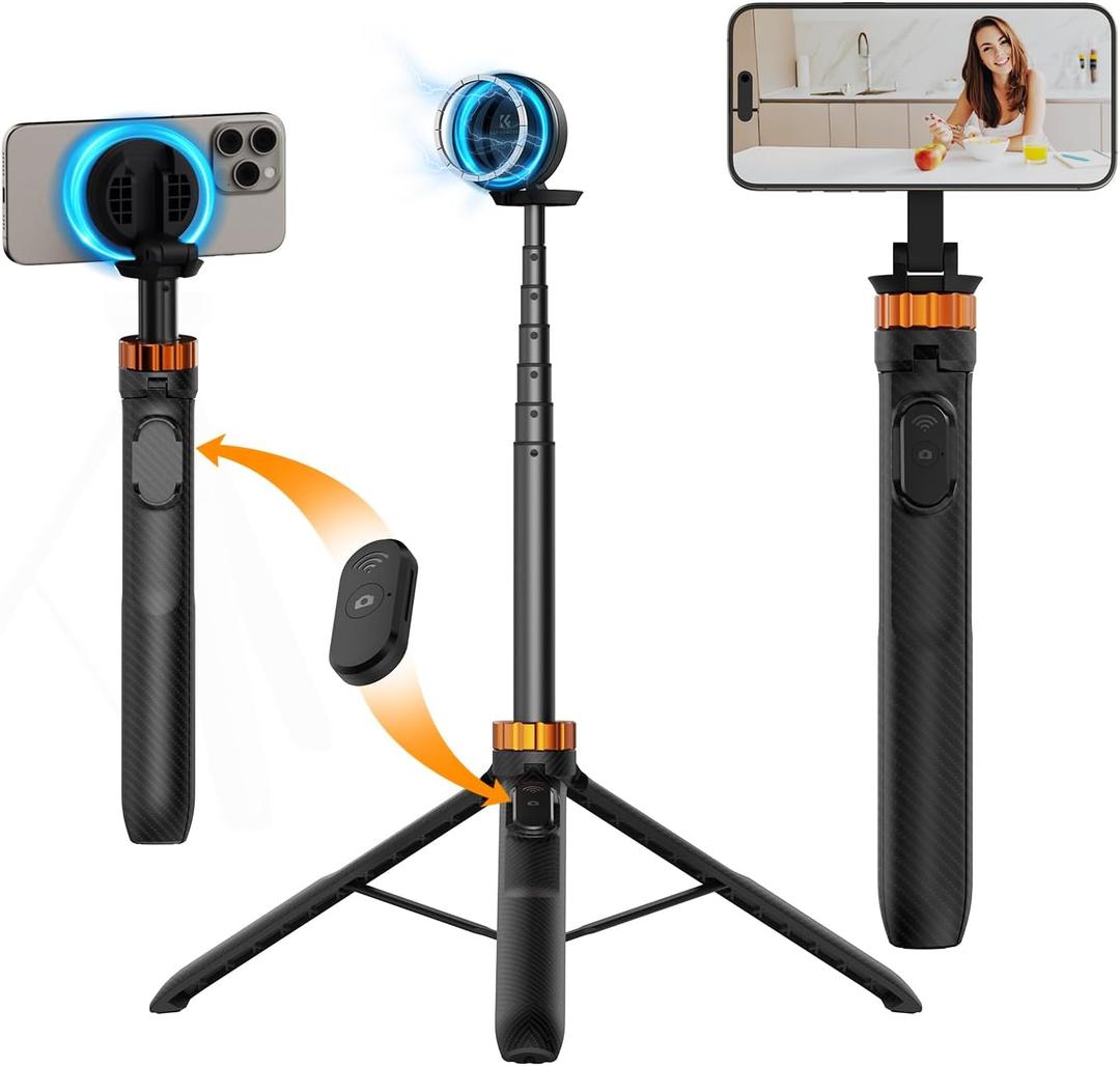 K&F CONCEPT 63'' Magnetic Selfie Stick Tripod, Lightweight Cellphone Stand with Wireless Remote, Compatible with iPhone 17 Pro Max/16/15/14/13/12 Series and All Phones