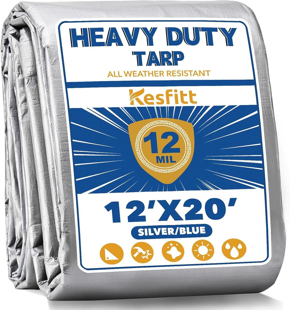 Kesfitt 12 Mil Heavy Duty Waterproof Tarp with Metal Grommets, 12x20 ft, Silver & Blue Reversible Poly Tarp for Outdoor Protection, Yard, Worksite, Pools, Vehicles, Equipment Coverage