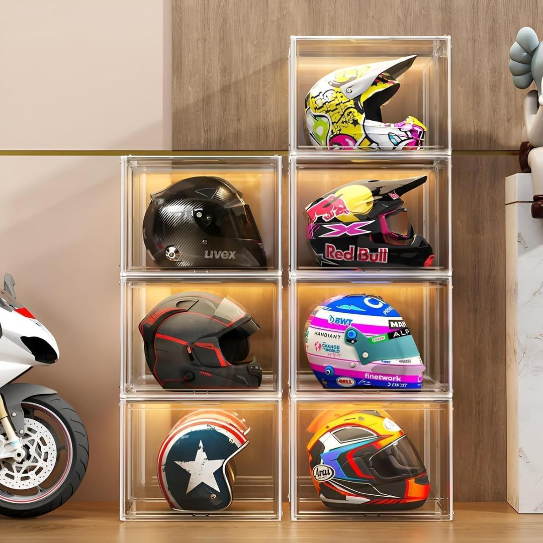 GUDEMAY Large Clear Stackable Acrylic Storage Bins with Door, Dustproof Figure Collectibles Display Case, Football & Motorcycle Helmet Showcase, Basketball, Sports Memorabilia Organizer (XL, Count, 3)