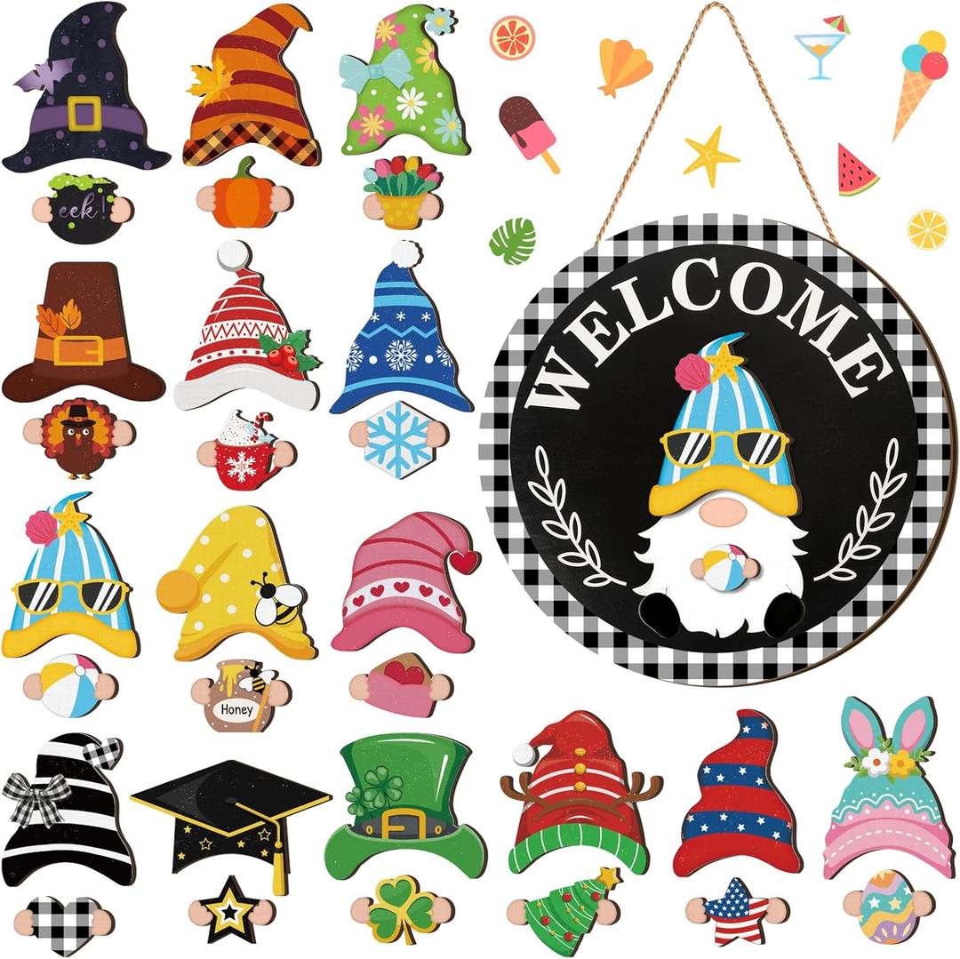 Qunclay Interchangeable Wooden Gnome Decor Holiday Seasonal Gnome Decorations with Magnet Pieces and Detachable Hats Changeable Welcome Sign for Home(Trendy Style)