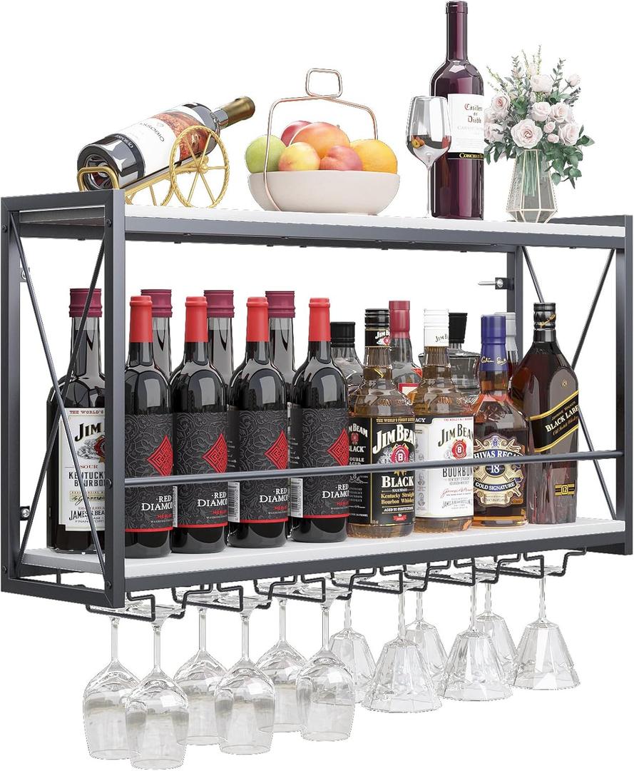 Dokser Rack Wall Mounted Shelf - 2 Tier, Rustic Wood & Industrial Iron Frame Bottle Holder for Kitchen, Dining Room, Home Bar Decor (White) (Long)