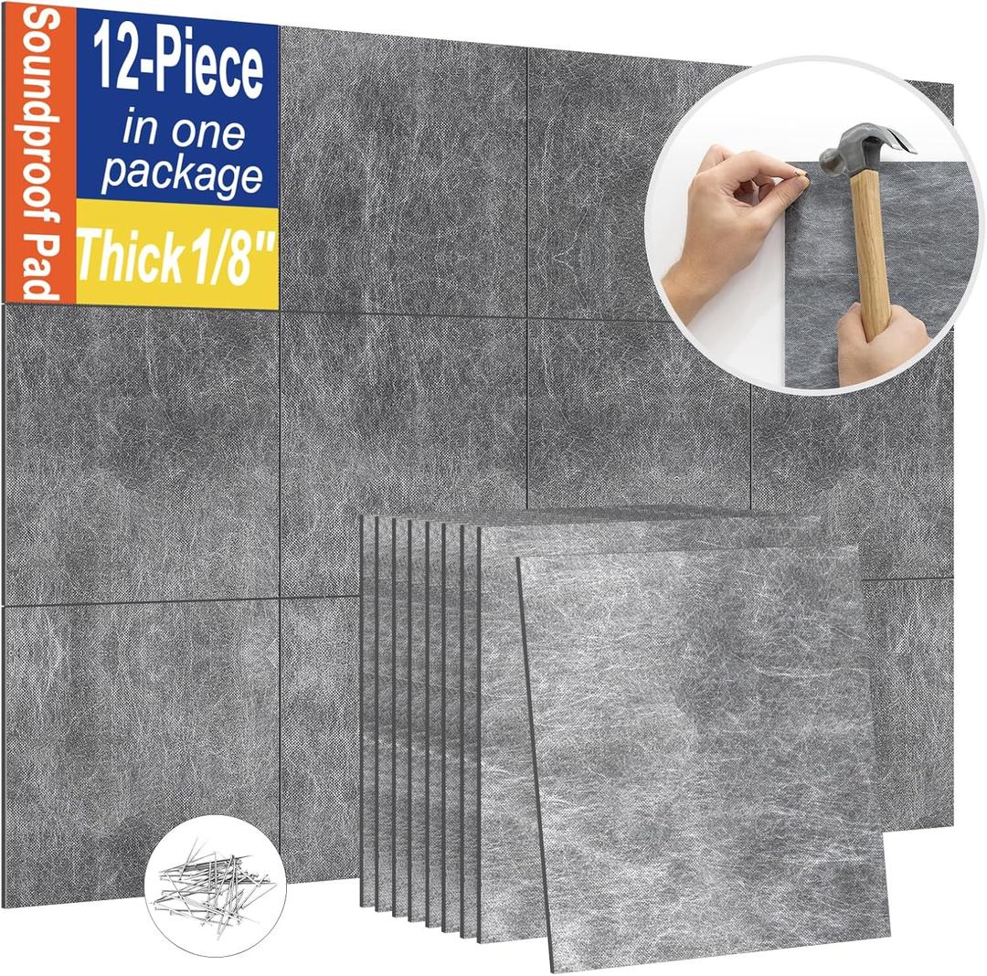 Soundproofing PRO12 Pack 1/8 inch Thick Mass Loaded Vinyl Soundproofing PadsFeel like Added A WallEasy to Install(Equip Nails) , High Surface Density(1.25lbs/sqft) MLV Insulation Sound Proof Pads