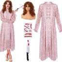 7 Pcs Halloween Women Scary Costume Set, Pink Floral Dress, Brown Wig, Bloody Knife, Horror Stickers Cosplay Outfit (L)