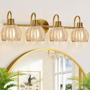 4-Light Bathroom Light Fixtures, 27" Brushed Gold Vanity Lights for Bathroom with Ribbed Amber Tulip Glass Shade, Vintage Bathroom Vanity Lighting Fixtures Over Mirror for Bedroom Living Room Hallway