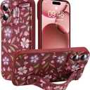 MOWIME Compatible with iPhone 17 Case with Finger Strap, Flower Butterfly Shockproof Soft TPU Protective Cover for Women Girls, Slim Anti Scratch Case for iPhone 17 6.3 Inch, Wine Red