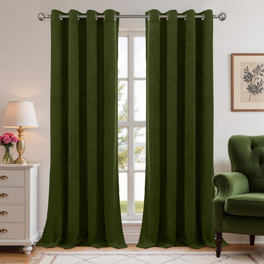YoungsTex Green Curtains Velvet 84 Inches Long, Olive Living Room Drapes with Grommet Blackout Window Treatmens for Dining Bedroom Room Darkening Privacy, 52 X 84 Inch