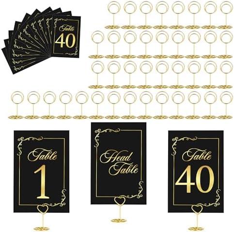 JOYIT 41 Sets Wedding Table Number 1-40 and Head Table Card with 41 Pcs Table Number Holders, Black Gold Table Number Cards with Place Card Holders, 4" X 6" Table Numbers Card for Wedding Reception