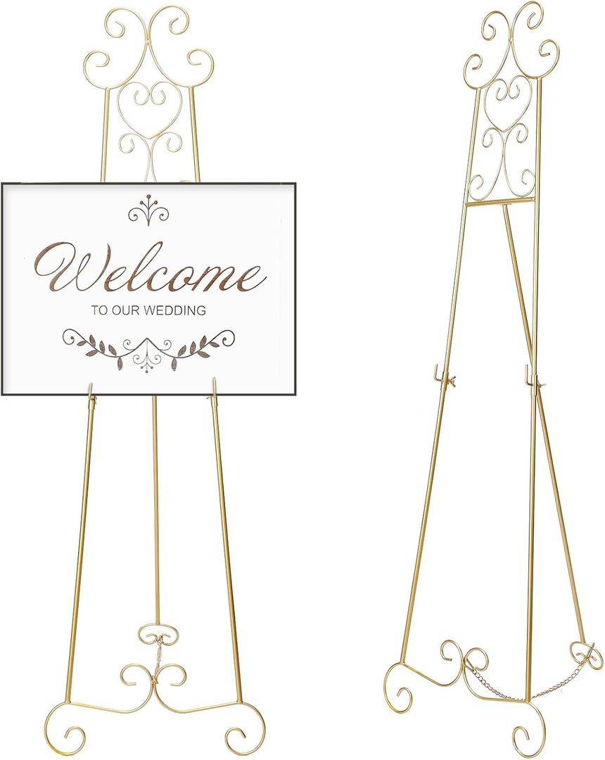 GlikCeil 57" H Gold Metal Scroll Easel Stand for Display Wedding Sign Poster Adjustable Portable Art Easels Poster Easel with Chain Support for Showcasing Pictures Artwork Coffee Exhibition Canvas