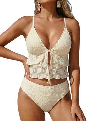 ZAFUL Womens Mesh Tankini Swimsuits Flowy Two Piece Bathing Suit V Neck Layered Ruffle Tie Front High Cut Cheeky Swimwear, Size XL