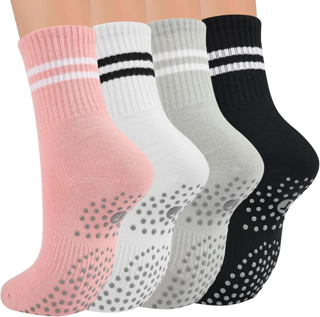 Toes Home Pilates Socks for Women with Non Slip Grippers, Yoga Crew Socks for Barre Hospital Sticky Slipper Socks 4 Pairs (6-10, Multicolor)