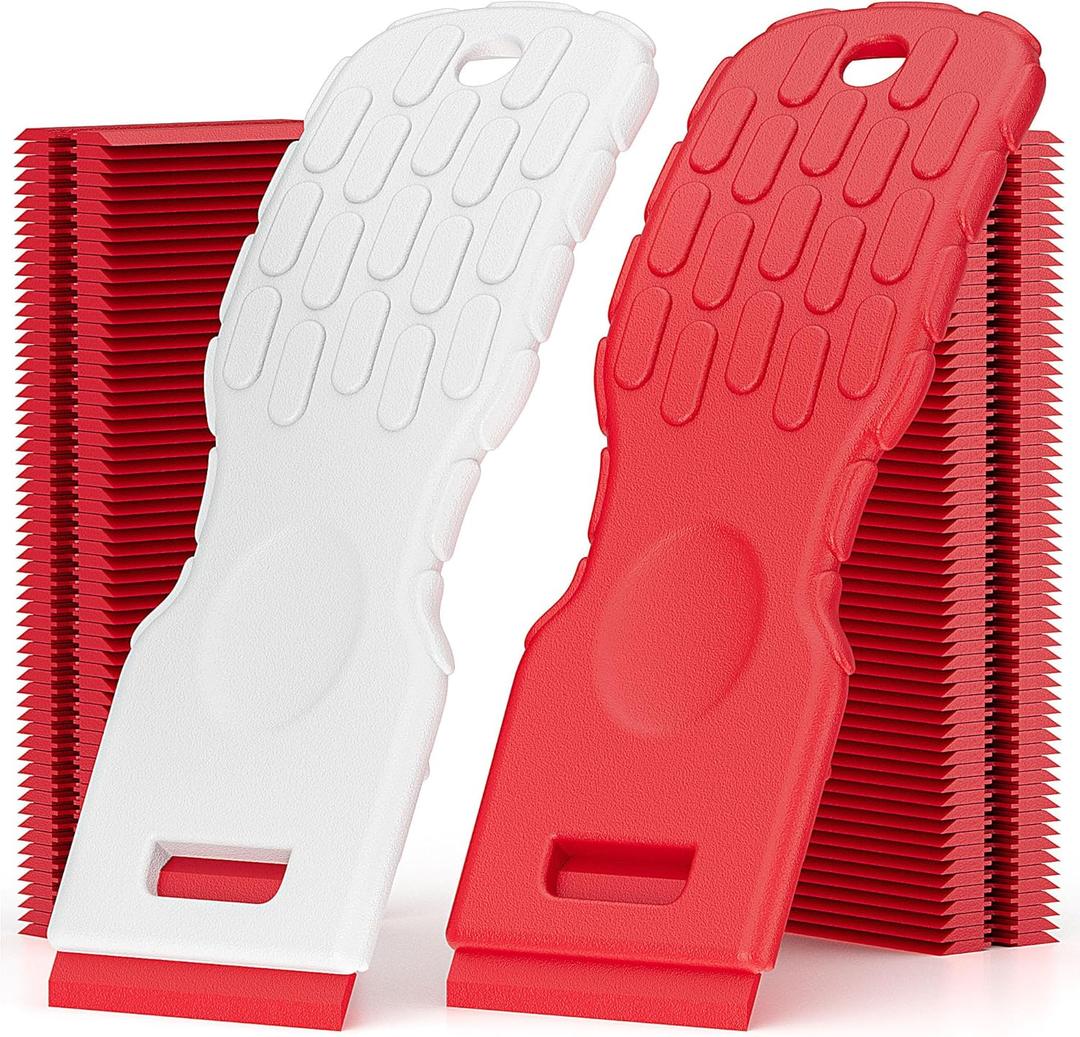 Dual-Width Plastic Razor Blade Scraper Tool Non Scratch - 2-Pack With 100 Blades, Single Or Double Wide Head, Removes Stickers, Labels, Decals, Adhesive & Paint On Glass, Cooktops, Car Windows & Tiles