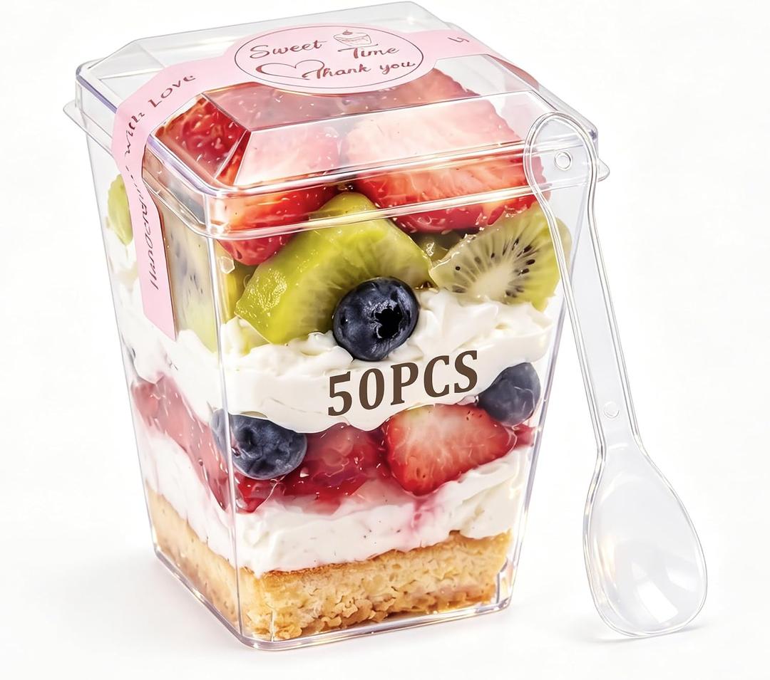 WERTIOO 50 Pack 5 oz Clear Plastic Dessert Cups with Lids and Spoons - Disposable Parfait Bowls for Yogurt, Pudding,or Wedding Favors,Birthday Parties,Valentine's Day(50 Cups,50 Lids,50 Spoons)