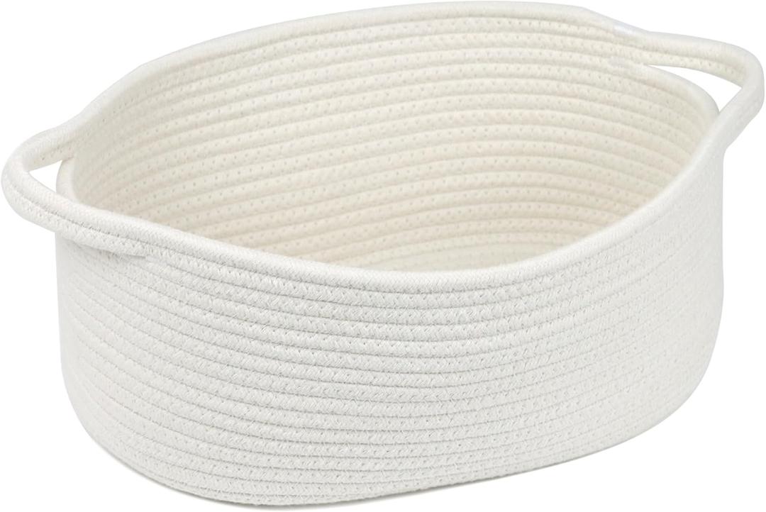 Woven Storage Basket with Handle, Small Baskets for Gifts Empty, Cotton Rope Boho Baskets for Organizing, Bathroom Closet Shelf Organizer Bins, Decorative Cute Toy Basket Bin for Nursery (13" x 8" x 6", White)