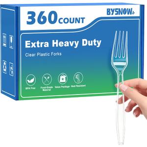 BYSNOW 360 Count Clear Disposable Plastic Forks Heavy Duty Cutlery Set