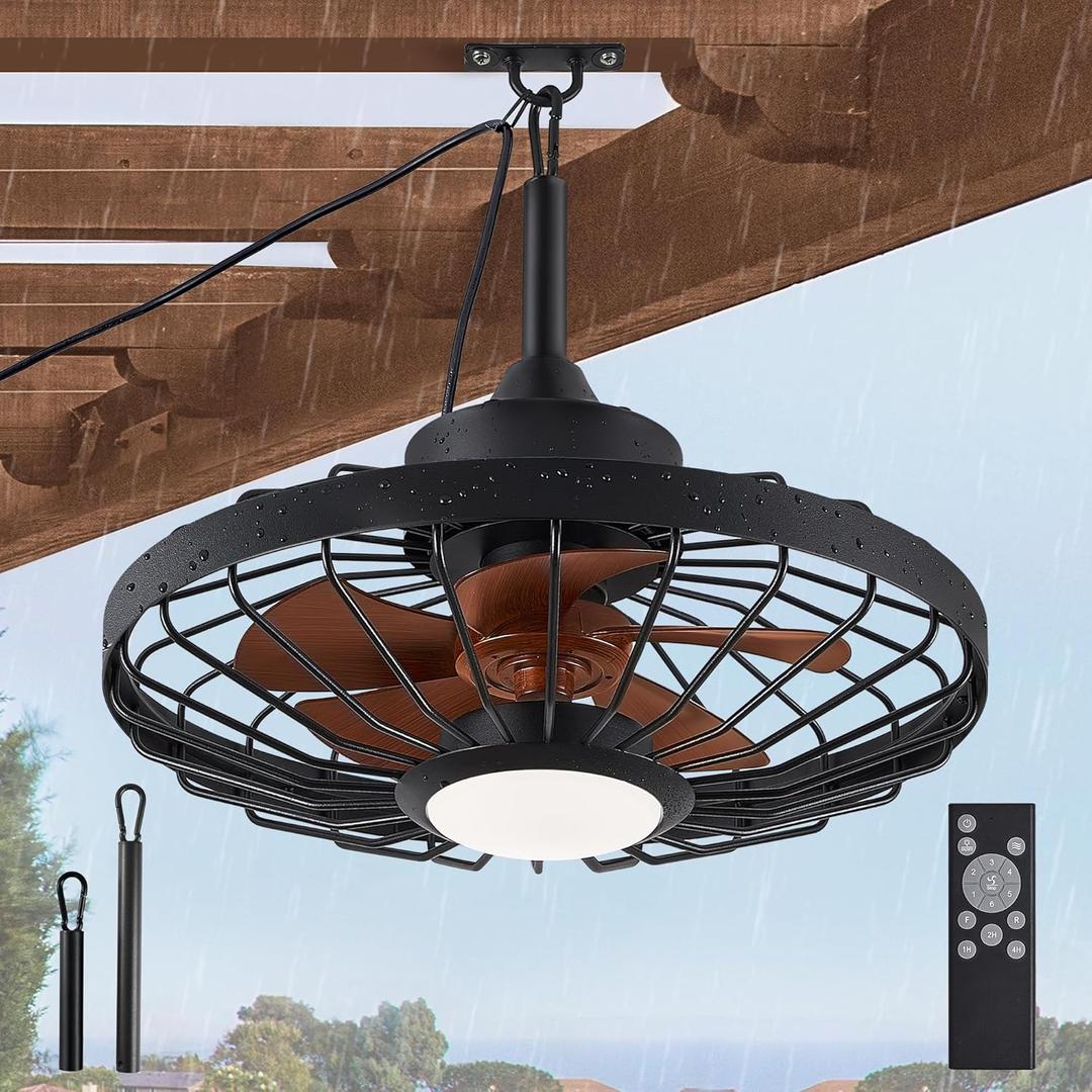 LEDIARY 20" Outdoor Ceiling Fans with Lights and Remote Control, Waterproof Caged Ceiling Fan with 3 Color LED Light,Portable Hanging Gazebo Fan with Plug in Cord Hook for Patios, Walnut
