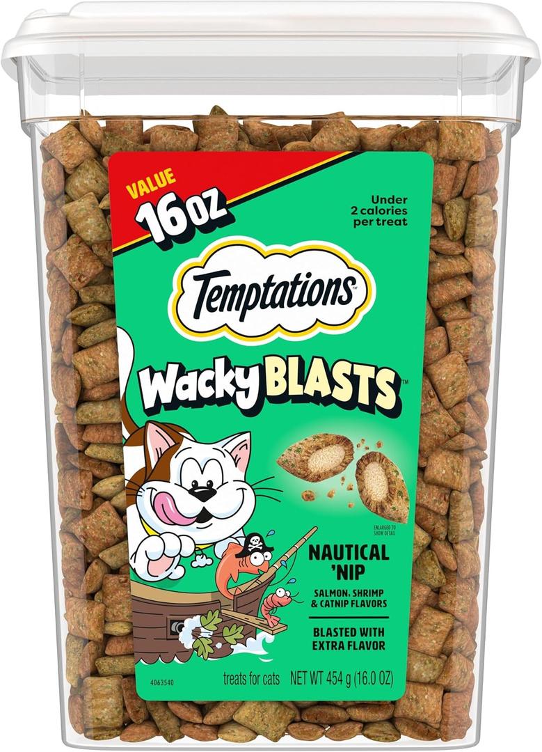 Temptations Wacky Blasts Cat Treats, Nautical 'Nip Flavor, 16 oz | Salmon, shrimp & catnip flavor bits, crunchy outside/soft inside, under 2 cal per treat, 100% complete nutrition, resealable (EXP 11/30/27)