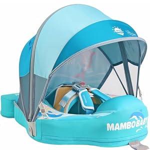 Mambobaby Float with Canopy Skin-Friendly Baby Swim Float with Tail Waterproof Non-Inflatable Mambo Float Smart Swim Trainer Soft Solid Infant Pool Float Baby Swim Ring, Blue