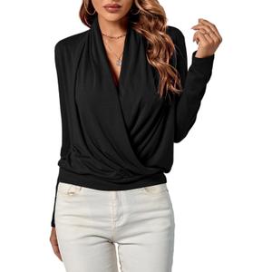 LYANER Women's Casual V Neck Cross Wrap Long Sleeve Solid Blouse Shirt Top (Black-1)
