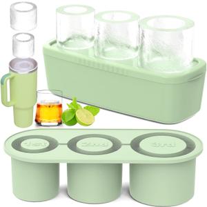 Ice Cube Tray for Tumbler Cup 30Oz-40Oz, 3 Pcs Silicone Cylinder Ice Mold with Lid and Bin for Freezer, Easy Fill and Release Ice Maker for Whiskey, Cocktail BPA-Free (Green)