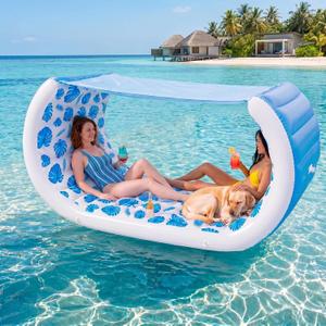 Giant Inflatable Pool Couch Float, 157" x 36" Extra Large Floating Island Raft, Cabana, Luxury Pool Lounger for 2 Adults, Tropical Print with Shade, Cup Holders, Backrest, Handle, Electric Air Pump