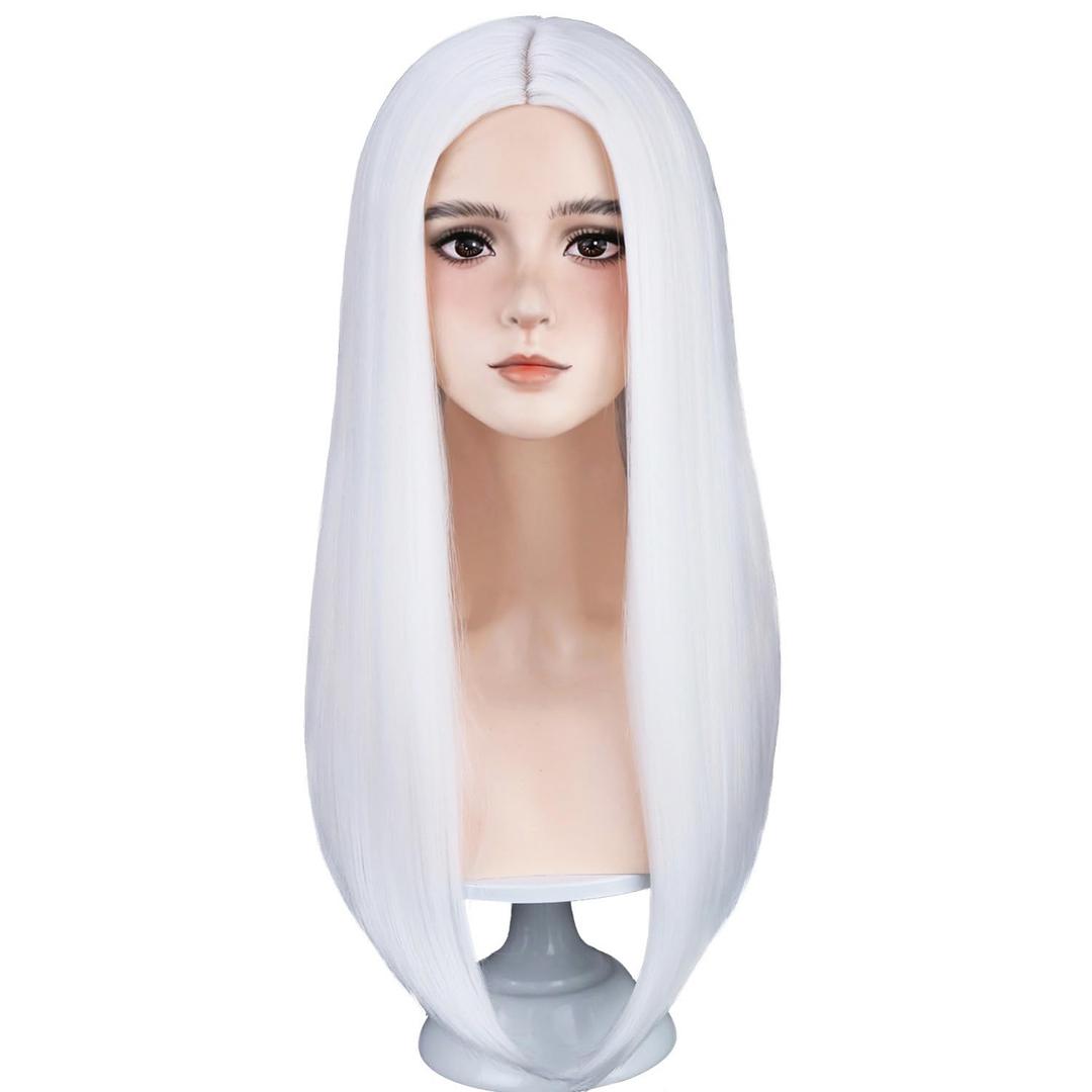 RightOn 22 Inches White Wig Long Straight White Hair for Cosplay Costume Party with Hairnet