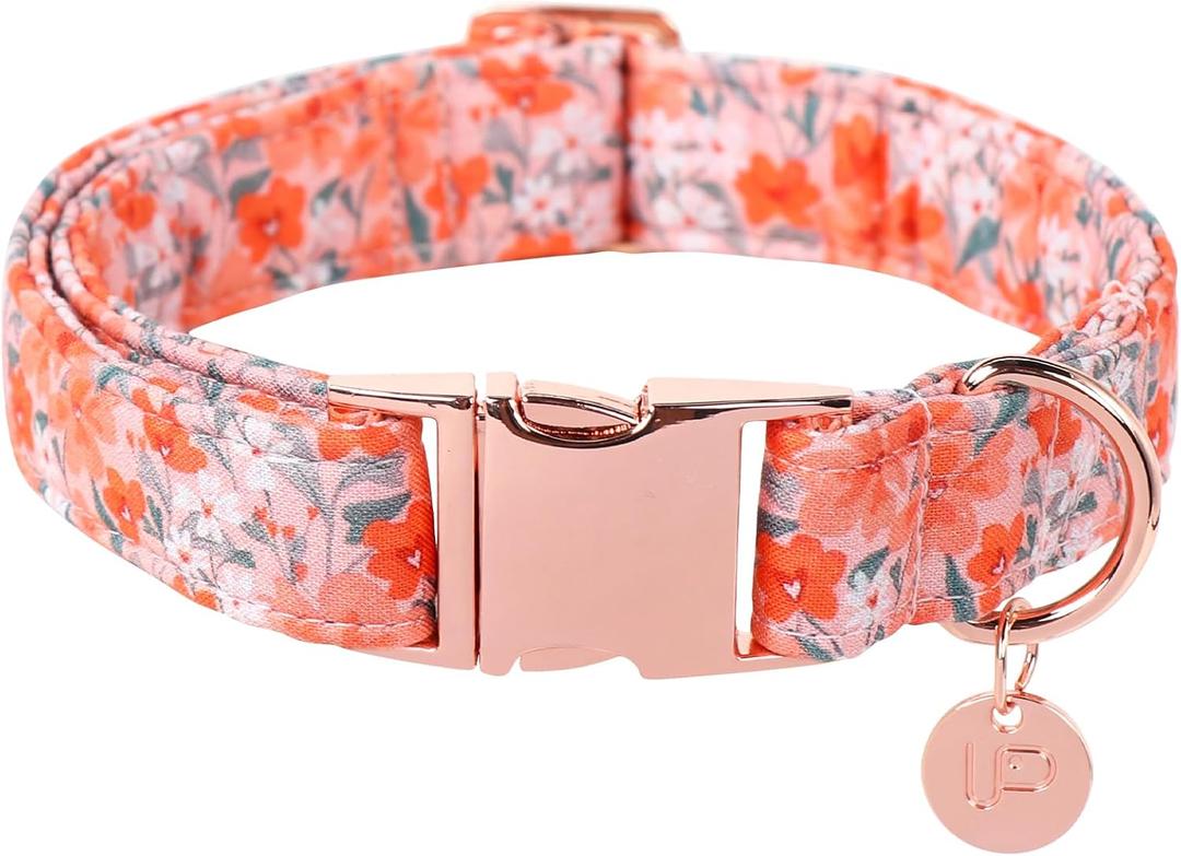 Dog Collar for Summer,Orange Flower Dog Collar,Cotton Puppy Collar with Adjustable Buckle for Medium Girl Boy Dog
