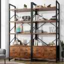 Shintenchi Book Shelf,2 Pieces Tall Bookshelf with Drawer, 5 Tier Industrial Open Standing Bookcase,Freestanding Wooden Display Shelves Storage Organizer,Rustic Brown