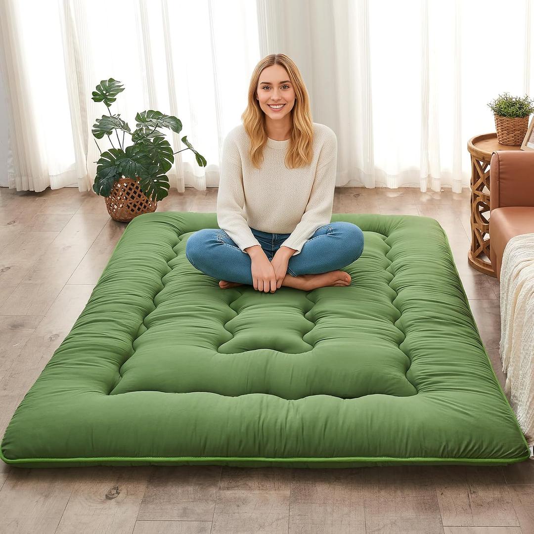 DAICO Japanese Floor Mattress, 4'' Thicken Futon Mattress Tatami Mat, Sleeping Pad Foldable Roll Up Mat for Camping and Guest Room, Queen Size 60''*80'', Green