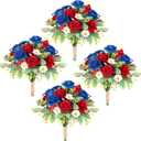 4 Bundles 4th of July Artificial Rose Patriotic Faux Fake Red White Blue Flowers Bouquet with Ribbon for Independence Day Memorial Day Farmhouse Table Centerpiece Floral Vase Home