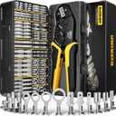 Crimping Tool Kit, 14-Type Open Spade & Quick-Disconnect Connector Set (2.8/3.9/4.8/6.3 mm) Non-Insulated Brass Terminals, 2414 AWG Ratcheting Crimper, for Automotive, Marine, Appliance, DIY