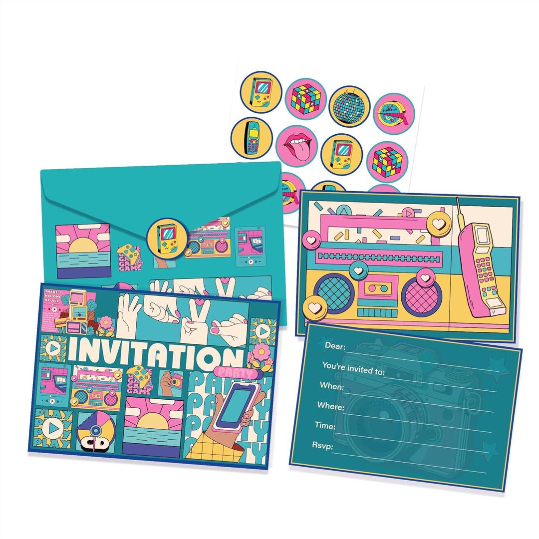 12Pcs 80s and 90s Themed Party Decoration Include Invitation Cards With Envelopes and Stickers 80s and 90s Themed Party Supplies